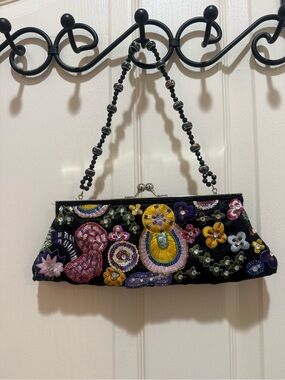 Black Beaded Embroidered Floral Evening Clutch